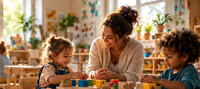 A teacher building with blocks alongside two young children