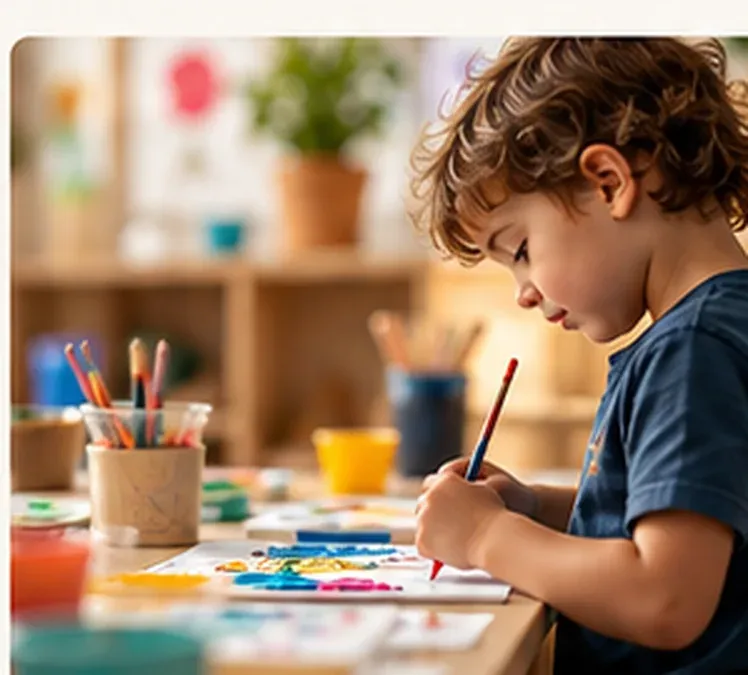 A child drawing at a table in a sunlit classroom