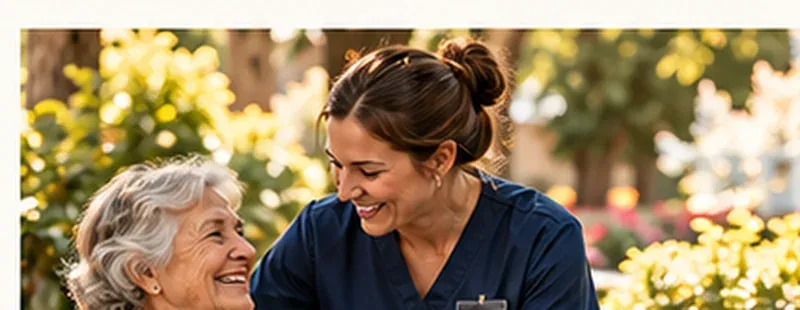 A caregiver and an older woman sharing a laugh